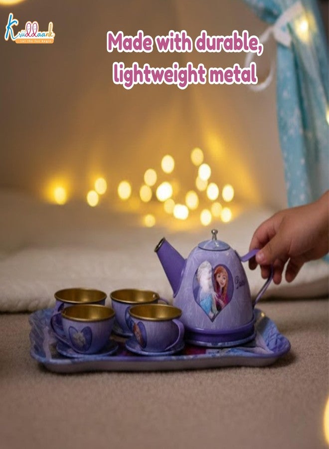 Kriiddaank Disney Frozen Elsa & Anna 14-Piece Tin Plate Tea Set for Girls - Fun Pretend Play Tea Party Toy - Durable, Lightweight & Safe Role Play Kit for Kids, Learning Toy -Birthday Gift For Ages 3+ - Image 4