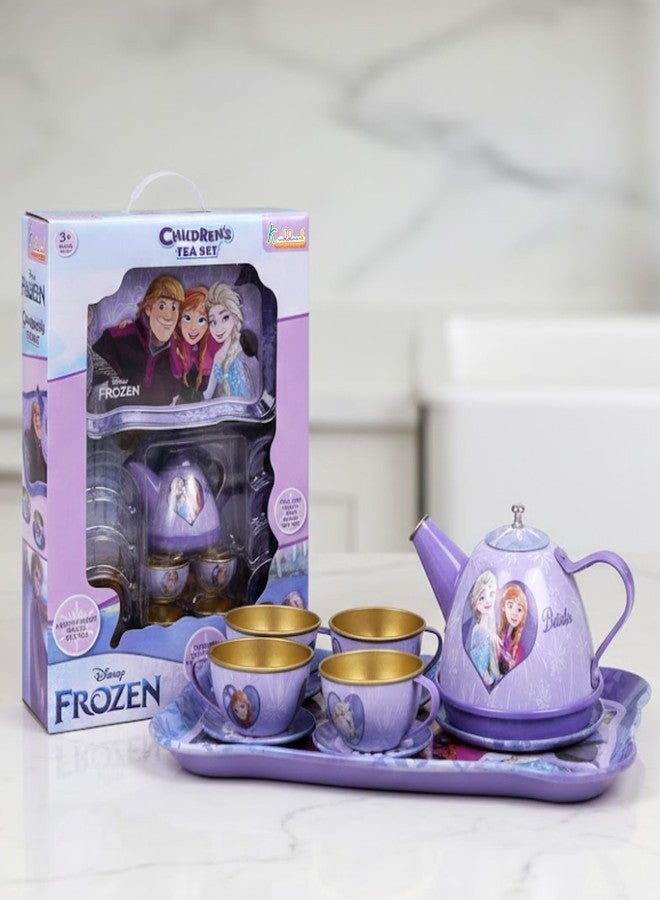 Kriiddaank Disney Frozen Elsa & Anna 14-Piece Tin Plate Tea Set for Girls - Fun Pretend Play Tea Party Toy - Durable, Lightweight & Safe Role Play Kit for Kids, Learning Toy -Birthday Gift For Ages 3+ - Image 1
