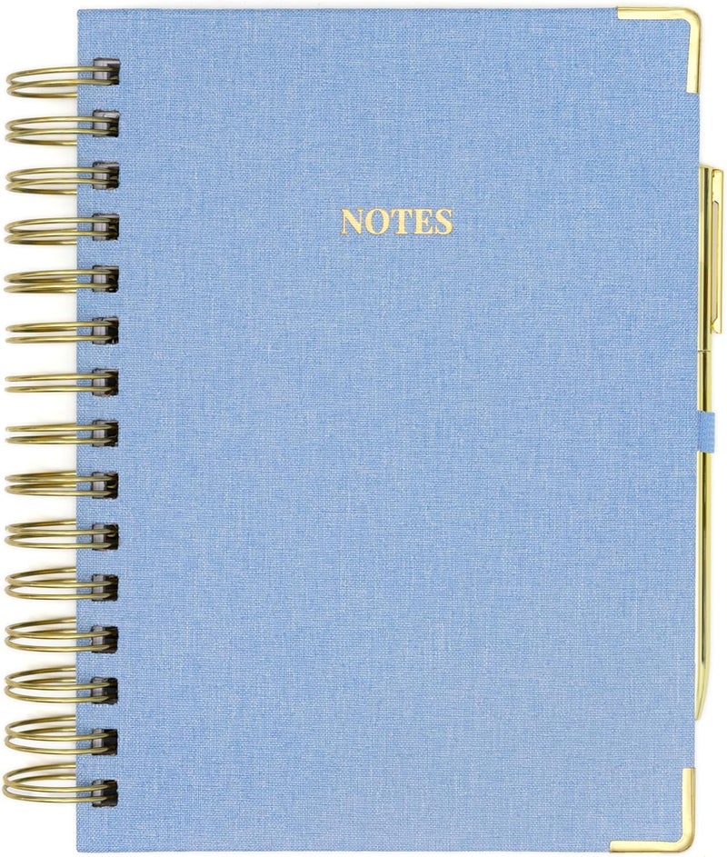 ELYN Lined Spiral Journal, Linen Hardcover Notebook with Matching Gold Gel Pen, 252 Pages, 8 in x 5 in - 100 GSM Premium Paper, Spiral Notebook for Home, Office, Notes & Gifts, (Blue) - Image 1