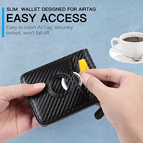 Huztencor AirTag Wallet, Mens Wallet Zipper RFID Slim Leather RFID Credit Card Wallet with Built-in Case Holder for Apple AirTag Carbon Fiber Black - Image 4