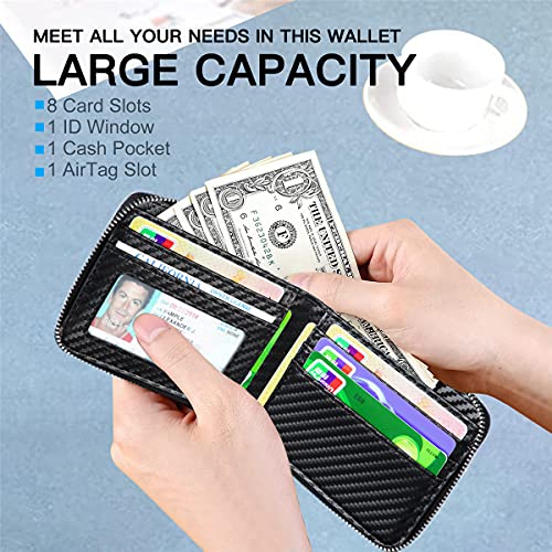 Huztencor AirTag Wallet, Mens Wallet Zipper RFID Slim Leather RFID Credit Card Wallet with Built-in Case Holder for Apple AirTag Carbon Fiber Black - Image 3