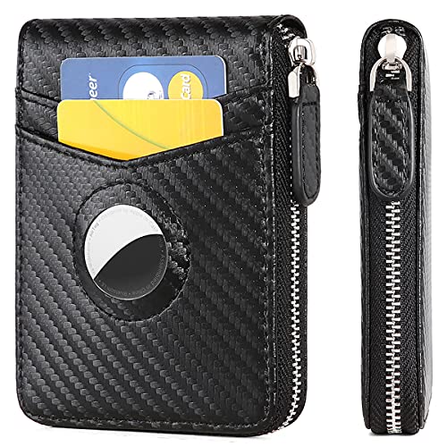 Huztencor AirTag Wallet, Mens Wallet Zipper RFID Slim Leather RFID Credit Card Wallet with Built-in Case Holder for Apple AirTag Carbon Fiber Black - Image 1