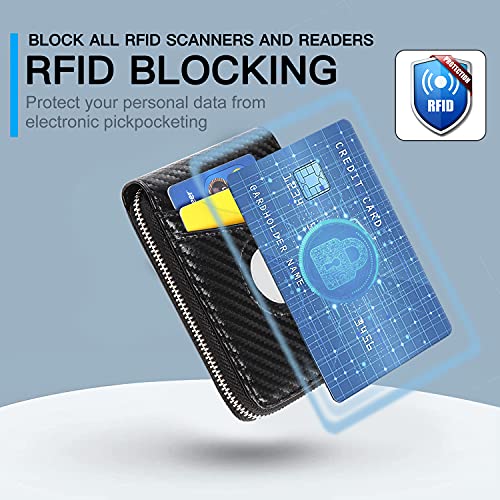 Huztencor AirTag Wallet, Mens Wallet Zipper RFID Slim Leather RFID Credit Card Wallet with Built-in Case Holder for Apple AirTag Carbon Fiber Black - Image 5
