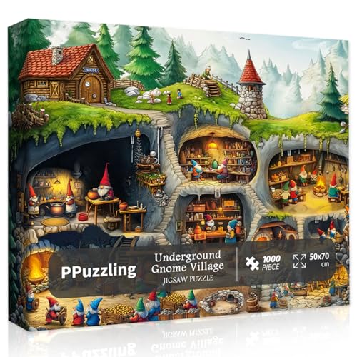 PPuzzling Fantasy Gnome Village Puzzles for Adults 1000 Pieces Funny Forest Underground Gnomes House Art Jigsaw Puzzle Challenging Hard Nature Cave Scene Puzzle - Image 1