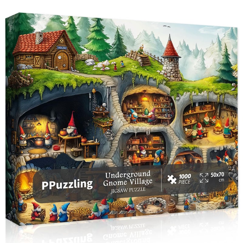 PPuzzling Fantasy Gnome Village Puzzles for Adults 1000 Pieces Funny Forest Underground Gnomes House Art Jigsaw Puzzle Challenging Hard Nature Cave Scene Puzzle - Image 3
