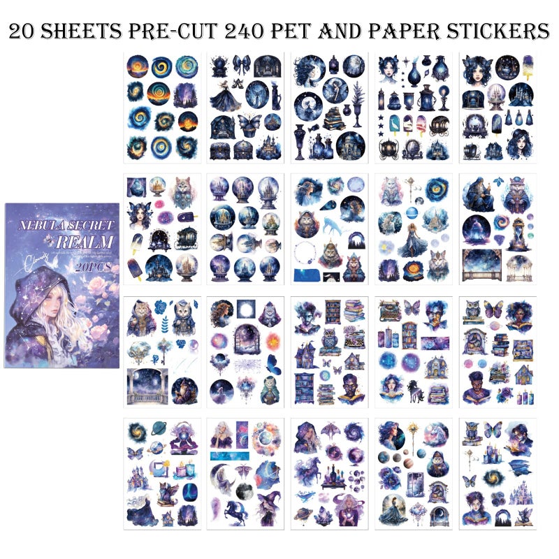 Auguro Fantasy Magic Scrapbook Stickers 20 Sheets 240 Pre-Cut Washi Stickers for Journaling PET Transparent Book Sticker Decorative or DIY Paper Crafts, Arts and Crafting Projects - Image 3