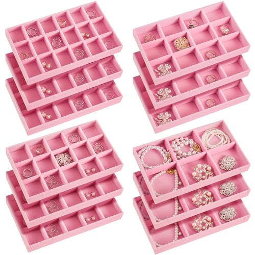 Junkin 12 Pcs Jewelry Tray Velvet Stackable Jewelry Organizer Trays Divided Earring Accessories Storage Containers BoxPink - Image 1