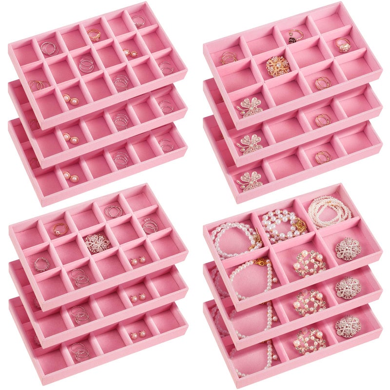 Junkin 12 Pcs Jewelry Tray Velvet Stackable Jewelry Organizer Trays Divided Earring Accessories Storage Containers BoxPink - Image 2