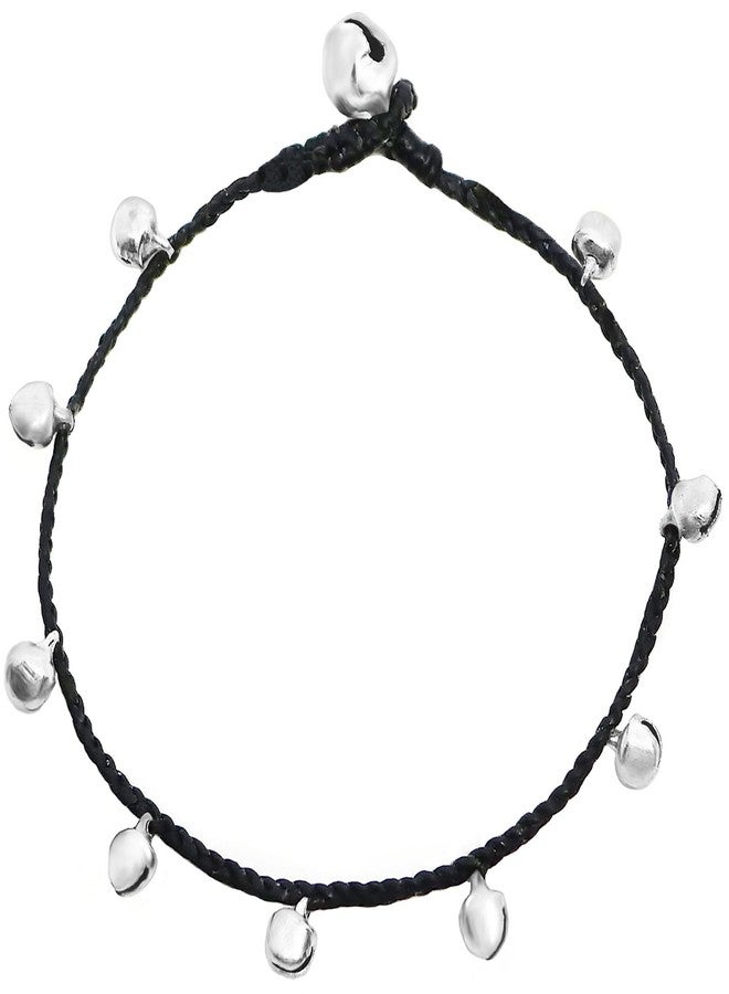 Bijoux de Ja Handmade Silver-Tone Tiny Bells Black Cord Station Anklet Bracelet 10 Inches (AkSP12) - Image 1