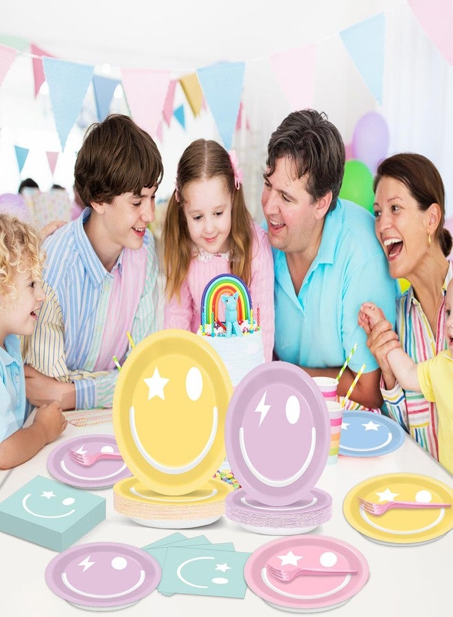 Justforjoyful مجموعة أدوات مائدة Justforjoyful من 96 قطعة من أطباق ورقية بألوان الباستيل لتزيين الحفلات، مناديل مبتسمة، أدوات مائدة لأعياد الميلاد وحفلات توديع العزوبية وحفلات استقبال المولود، تكفي 24 شخصًا - Image 5