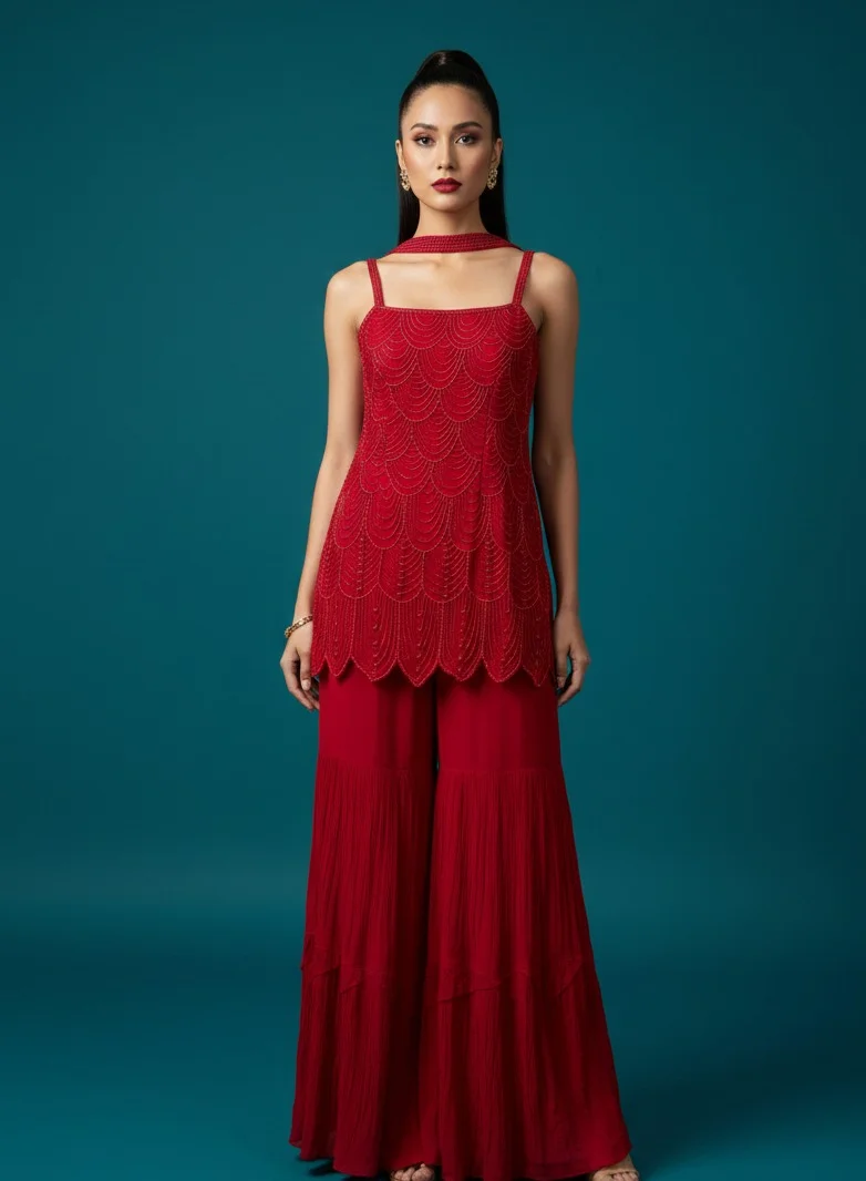 Lehar Women's Red Georgette Tiered Sharara Suit - Embroidered Tunic with Choker Neck Dupatta