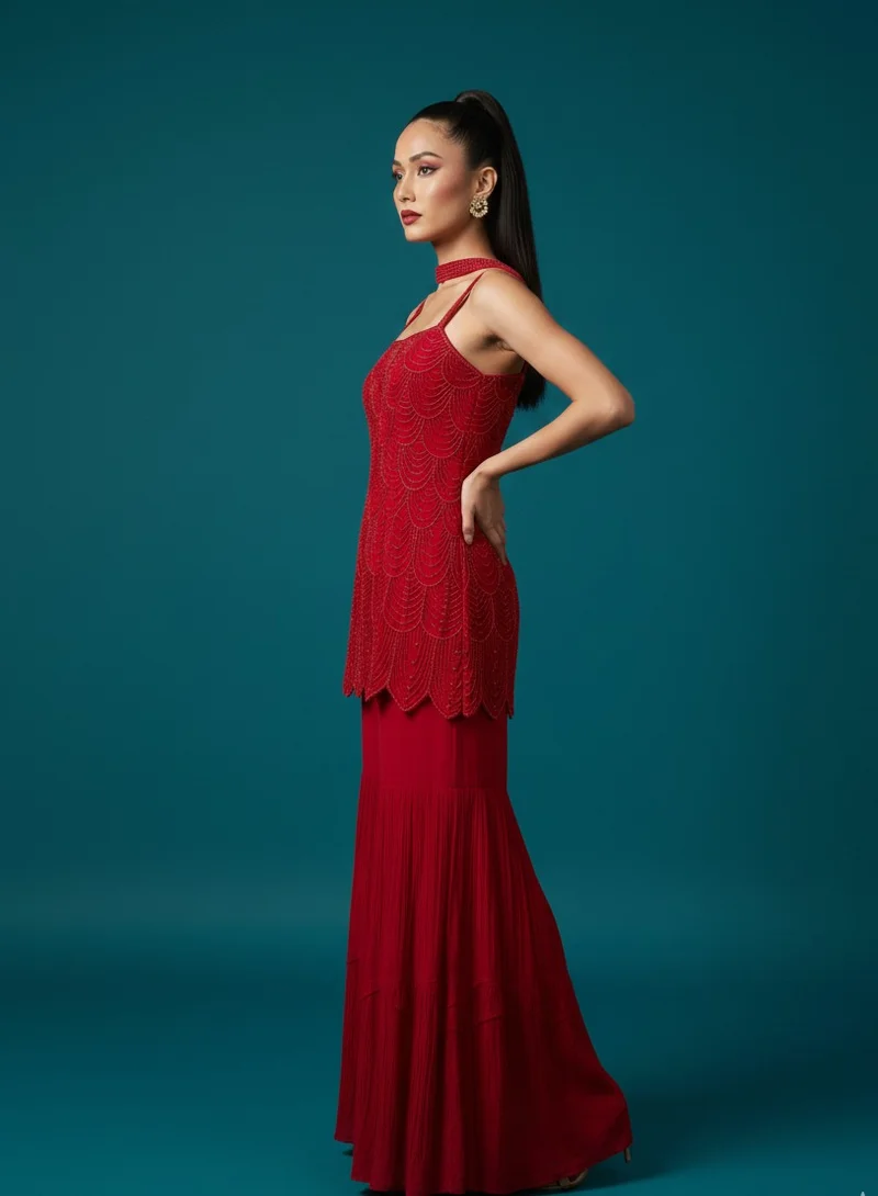 Lehar Women's Red Georgette Tiered Sharara Suit - Embroidered Tunic with Choker Neck Dupatta