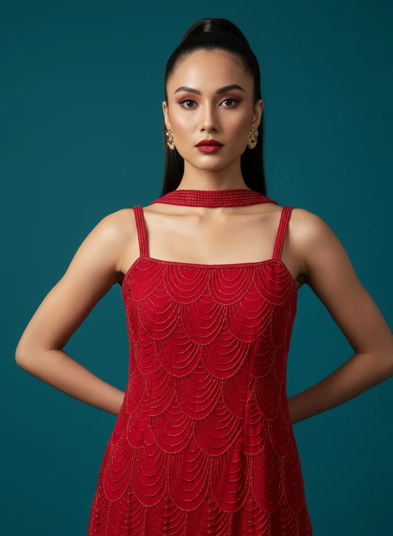 Lehar  Women's Red Georgette Tiered Sharara Suit - Embroidered Tunic with Choker Neck Dupatta for Women | Best Price UAE