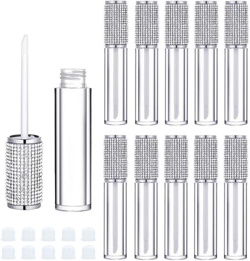 10 Pack Crystal Rhinestone Lip Gloss Wand Tubes 5ml Empty Lip Gloss Containers Lipgloss Lip Balm Bottles with Rubber Stoppers for DIY Lip Glaze Balm Cosmetic Business Silver Diamond