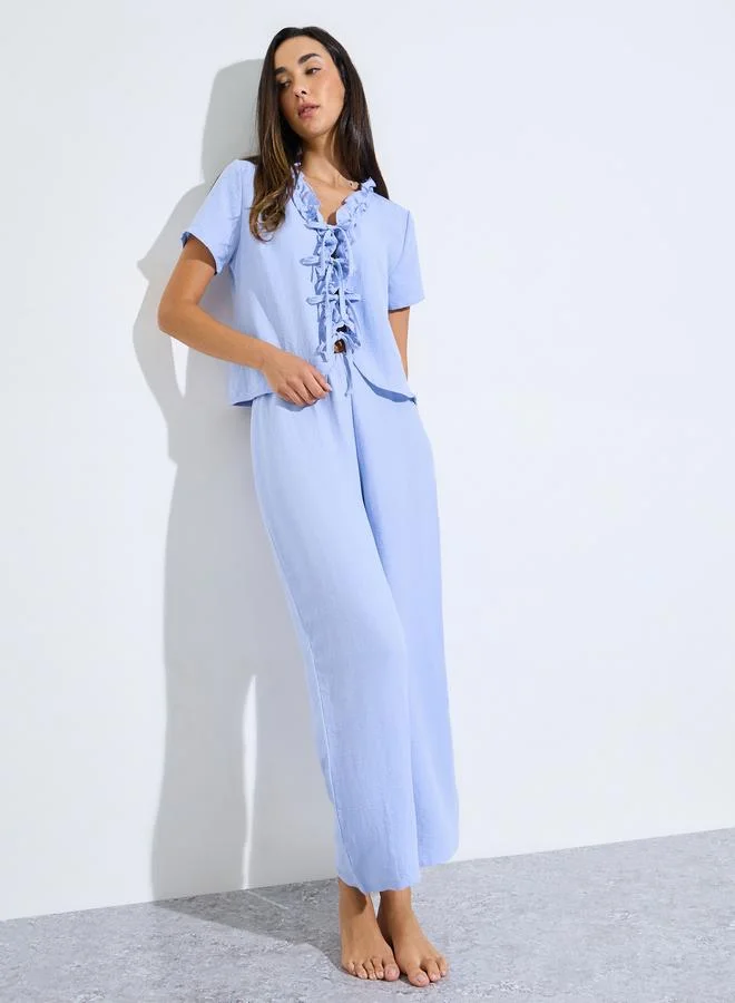 ستايلي Blue Tie-Up Detail Ruffled Top and Pants Pyjama Set