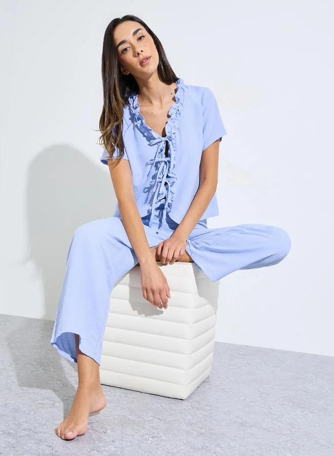ستايلي Blue Tie-Up Detail Ruffled Top and Pants Pyjama Set