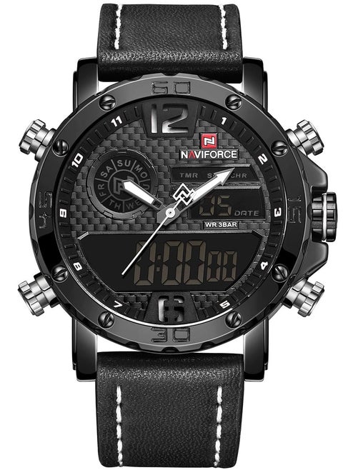 Mens Black Dial Black Leather Strap Watch Analog Digital Quartz Waterproof Chronograph with Dual Display