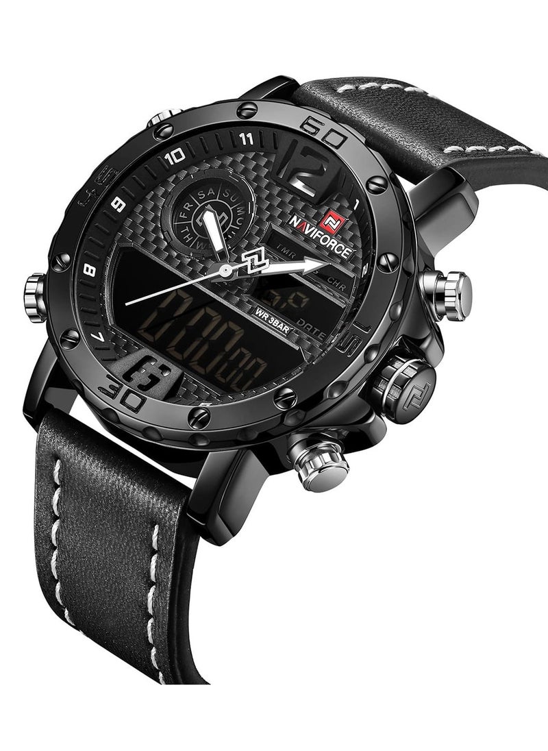Mens Black Dial Black Leather Strap Watch Analog Digital Quartz Waterproof Chronograph with Dual Display