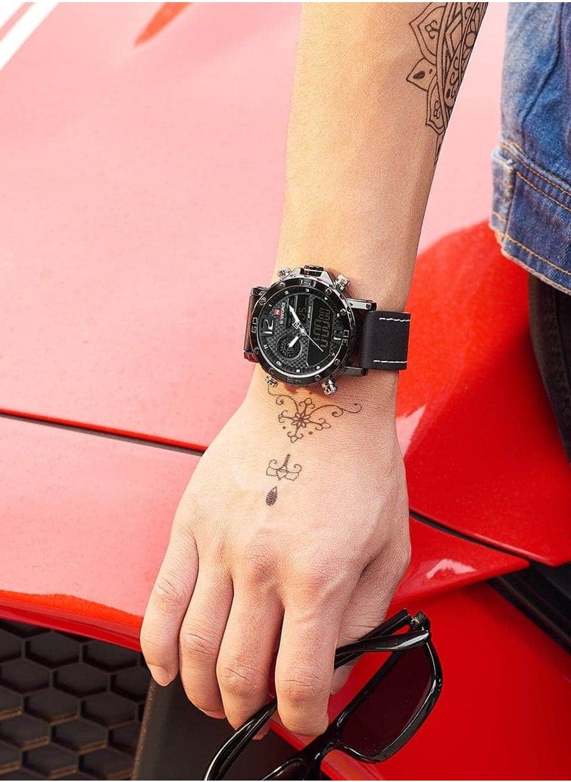 Mens Black Dial Black Leather Strap Watch Analog Digital Quartz Waterproof Chronograph with Dual Display