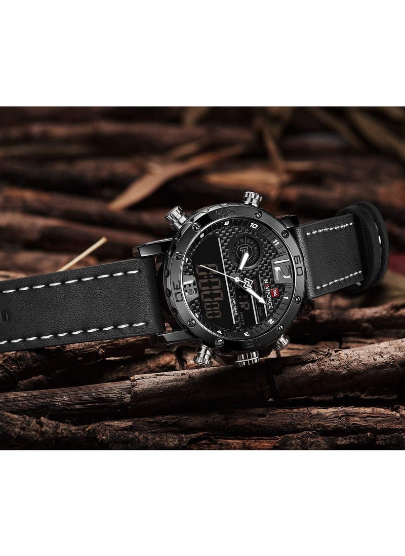 Mens Black Dial Black Leather Strap Watch Analog Digital Quartz Waterproof Chronograph with Dual Display