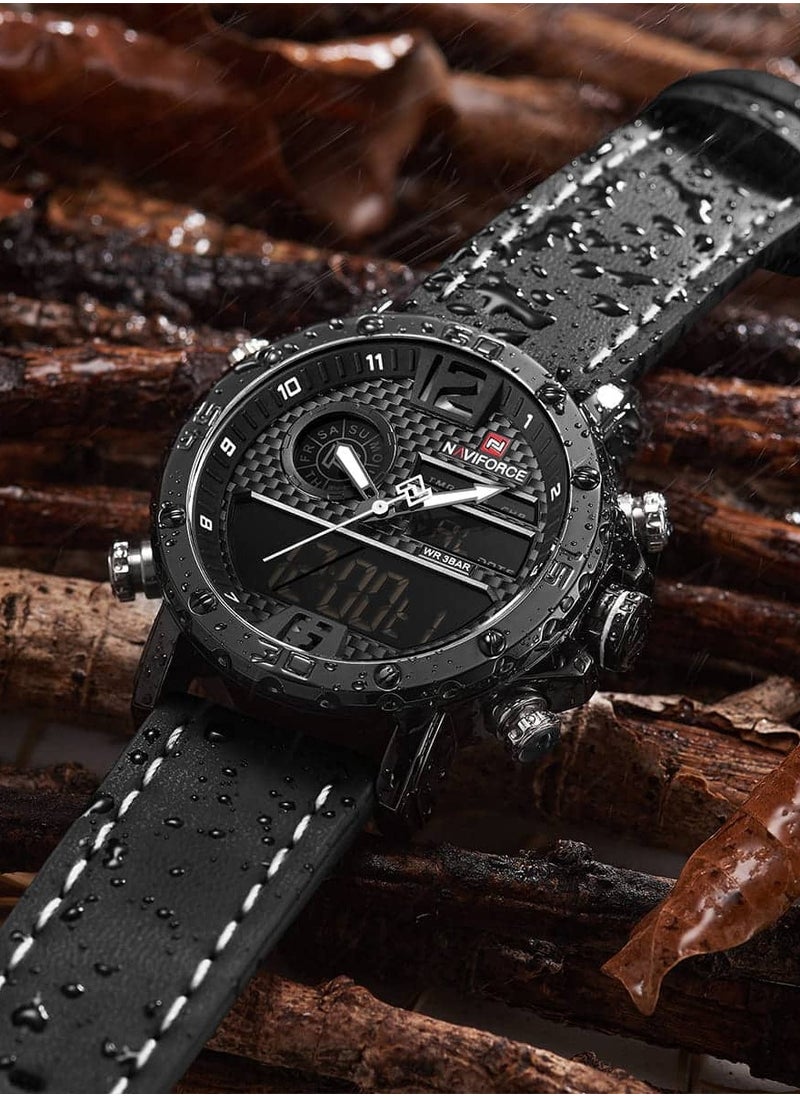 Mens Black Dial Black Leather Strap Watch Analog Digital Quartz Waterproof Chronograph with Dual Display