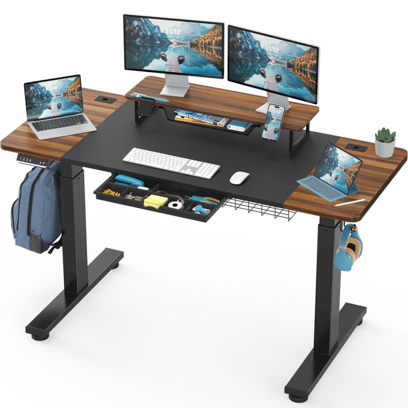 SHW 62Inch Electric Height Adjustable Standing Desk with Monitor Riser and Drawer Walnut