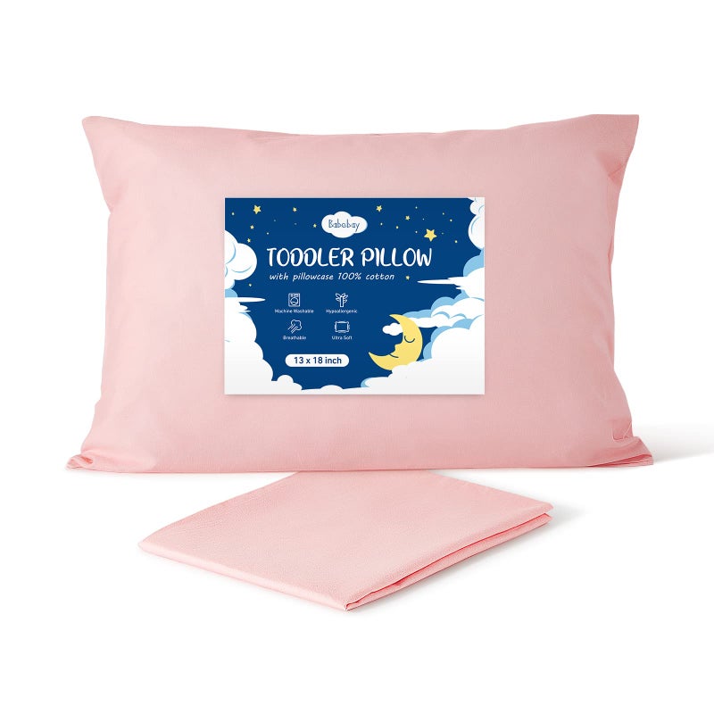 Babebay Toddler Pillow,13X18 Soft Kid Pillow for Sleeping, Machine Washable Toddler Pillow with Cotton Pillowcase, Age 2 to 5 (Pink) - Image 1