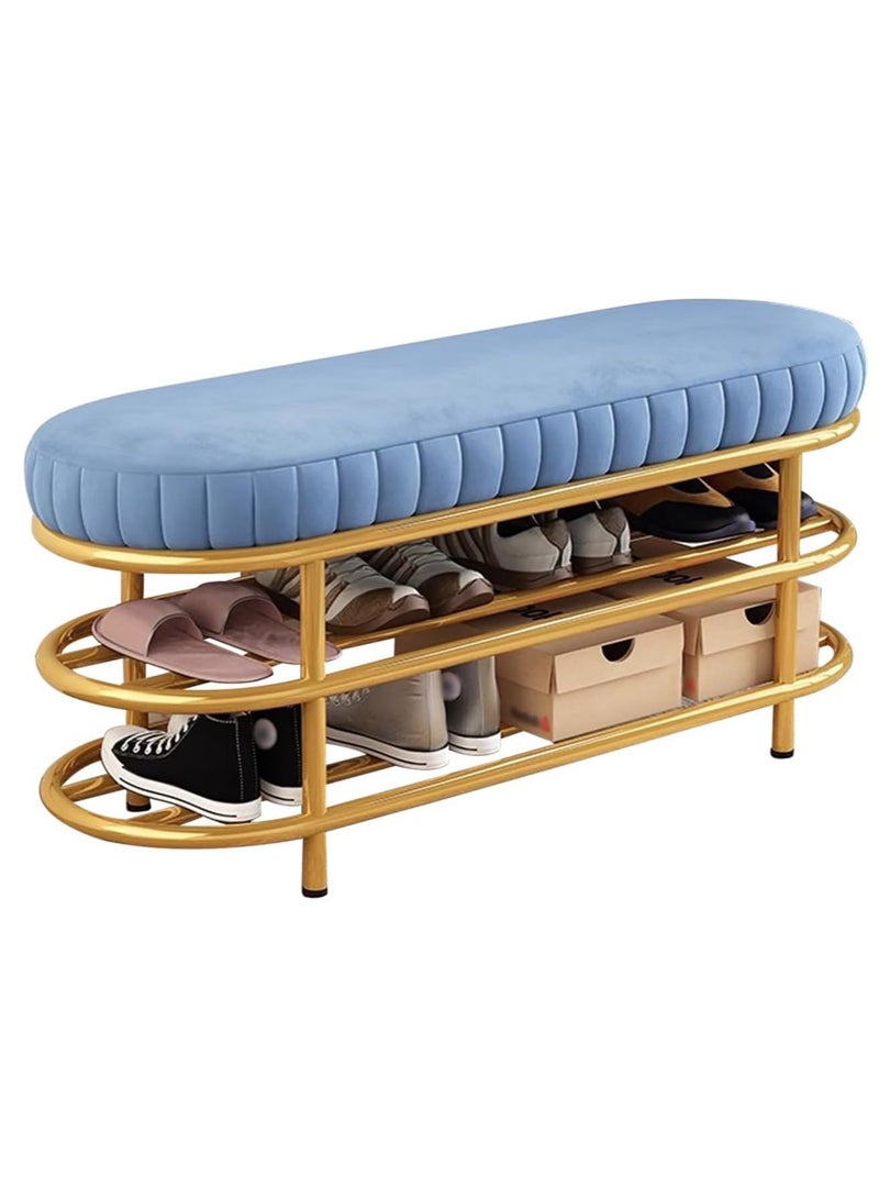 Velvet Shoe Bench with Double Shelf, Modern End Of Bed Bench - Entryway Shoe Rack Bench with Metal Base for Living Room, Bedroom & Hallway  - Image 2