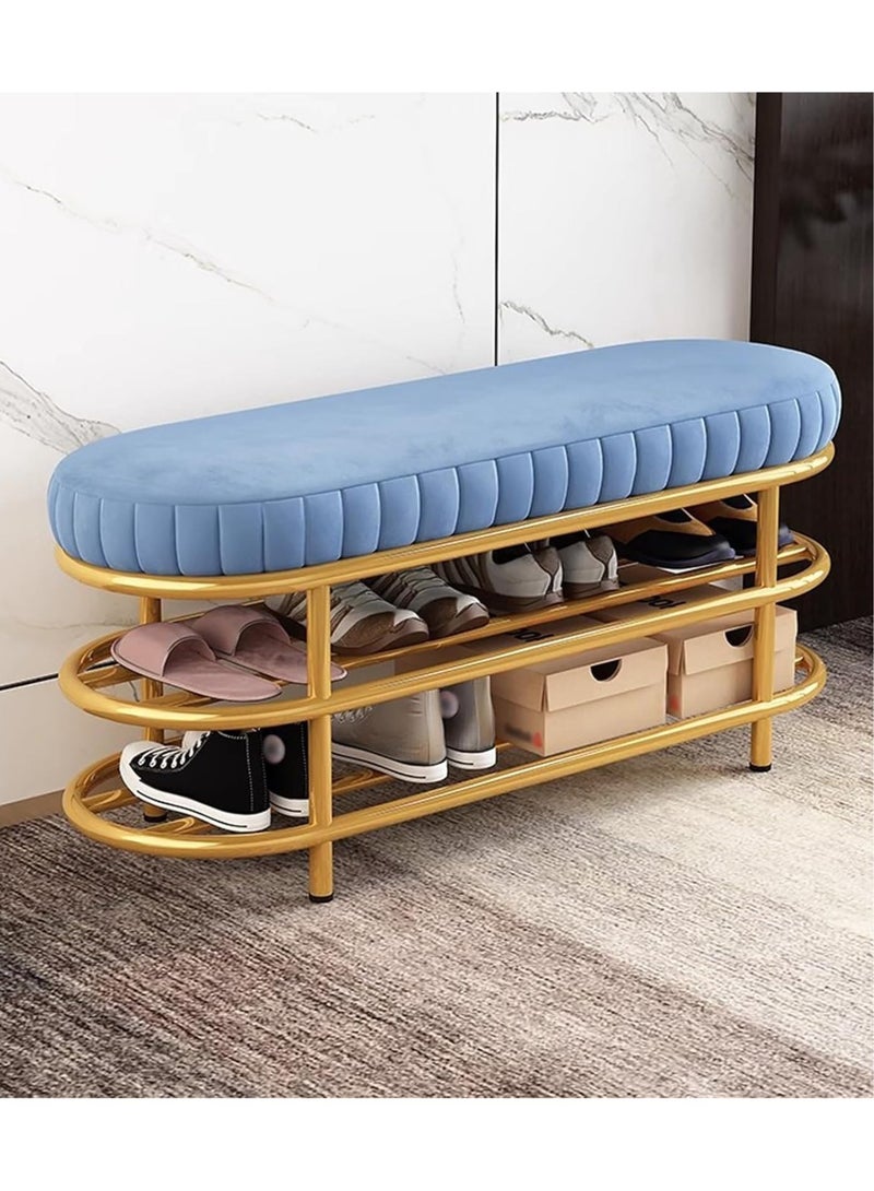Velvet Shoe Bench with Double Shelf, Modern End Of Bed Bench - Entryway Shoe Rack Bench with Metal Base for Living Room, Bedroom & Hallway  - Image 1