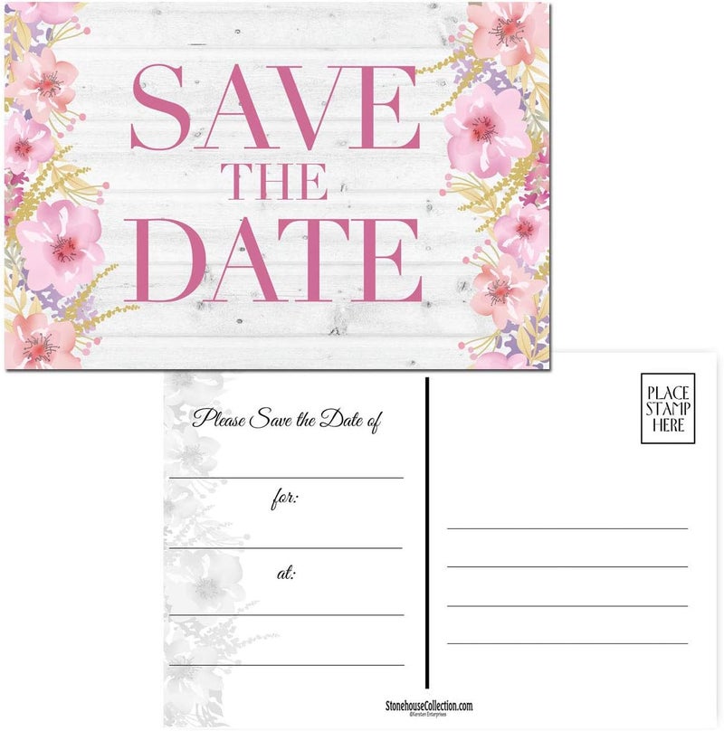 Stonehouse Collection Rustic Pink Floral and Barnwood Save The Date Postcards - 40 4" x 6" Postcards - Wedding, Baby Shower, Birthdays, Celebration Announcements (Rustic Floral) - Image 1