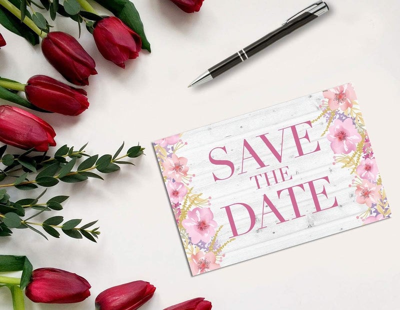 Stonehouse Collection Rustic Pink Floral and Barnwood Save The Date Postcards - 40 4" x 6" Postcards - Wedding, Baby Shower, Birthdays, Celebration Announcements (Rustic Floral) - Image 2