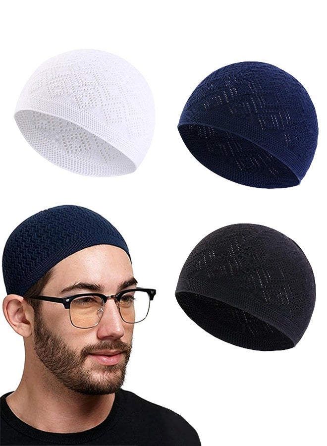 Sweet Life 3PCS Men Kufi Hats, Muslim Crochet Cap, Breathable Skull Beanie, Islam Beanie Hats, Muslim Kufi Cap, Stretchy Helmet Liner, Prayer Cap, Muslim Men Beanie, for Muslim, Islam, Men, Women (3 Colours) - Image 1