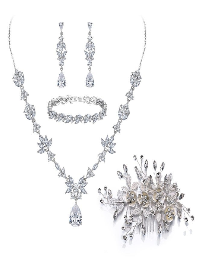 بريلوف طقم مجوهرات زفاف بريلوف للنساء، قلادة على شكل حرف Y، سوار تنس، أقراط متدلية مع مشط شعر، لؤلؤ صناعي بلون عاجي، زركونيا مكعبة AAA، أقراط على شكل دمعة للعروس ووصيفات العروس - Image 1