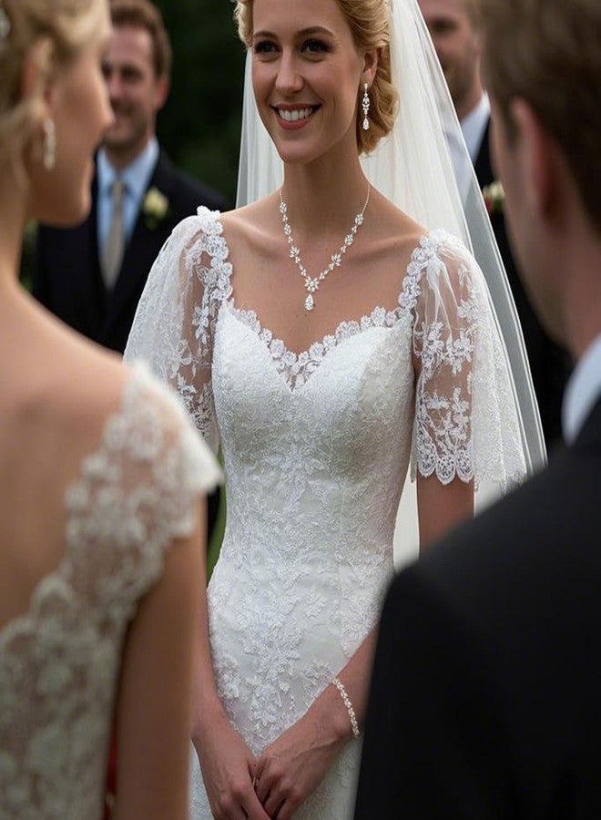 بريلوف طقم مجوهرات زفاف بريلوف للنساء، قلادة على شكل حرف Y، سوار تنس، أقراط متدلية مع مشط شعر، لؤلؤ صناعي بلون عاجي، زركونيا مكعبة AAA، أقراط على شكل دمعة للعروس ووصيفات العروس - Image 4