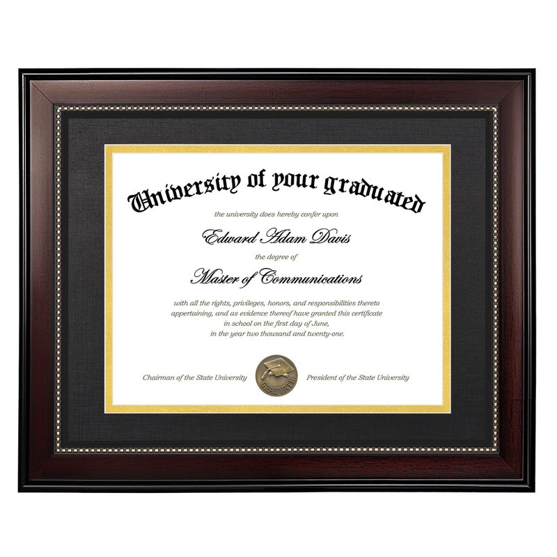 upsimples 11x14 Diploma Frame with High Definition Glass Display 85x11 Certificate with Black over Gold Mat Degree Document Frame for Wall and Tabletop Mahogany with Gold Beads 1 Pack
