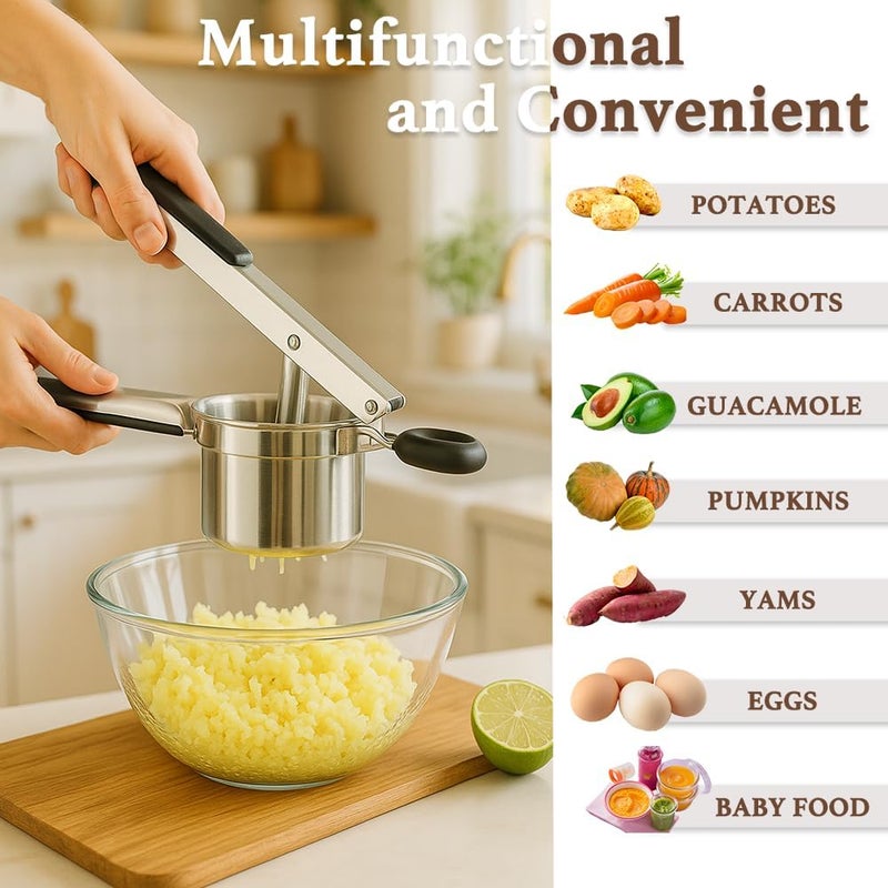 Stainless steel potato press silicone handle 3.5cm fixed bottom large manual Press potato tool (Silver) - Image 5