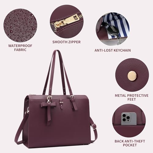 Keyli Laptop Tote Bag for Women Large Waterproof Leather Work Laptop Briefcase with Built-in USB Charging Port Computer Shoulder Bags Fits 15.6 Inch, Business Handbag Purse 4pcs Set Wine Red - Image 5
