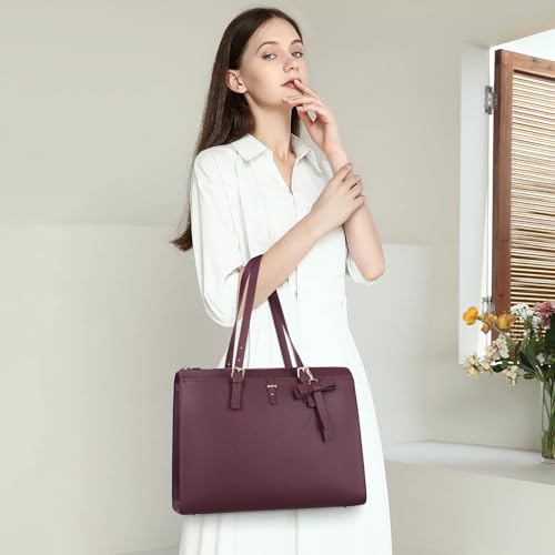 Keyli Laptop Tote Bag for Women Large Waterproof Leather Work Laptop Briefcase with Built-in USB Charging Port Computer Shoulder Bags Fits 15.6 Inch, Business Handbag Purse 4pcs Set Wine Red - Image 2