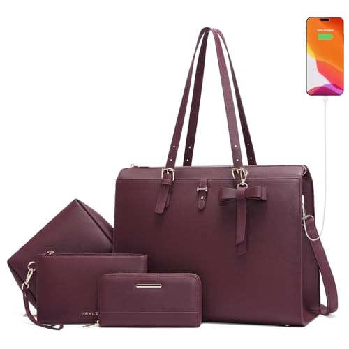 Keyli Laptop Tote Bag for Women Large Waterproof Leather Work Laptop Briefcase with Built-in USB Charging Port Computer Shoulder Bags Fits 15.6 Inch, Business Handbag Purse 4pcs Set Wine Red - Image 1