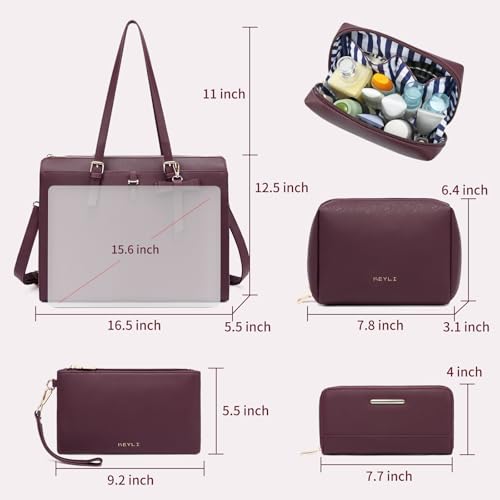 Keyli Laptop Tote Bag for Women Large Waterproof Leather Work Laptop Briefcase with Built-in USB Charging Port Computer Shoulder Bags Fits 15.6 Inch, Business Handbag Purse 4pcs Set Wine Red - Image 3