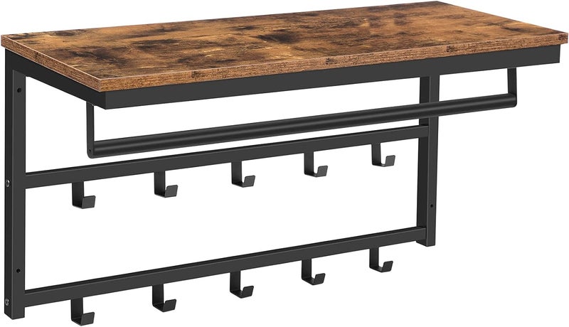 HOOBRO Wall Mounted Coat Rack with Shelf, Coat Hook with 10 Hooks and Shelf, 80 x 30 x 42 cm, Hanging Shelf, for Entryway, Bathroom, Living Room, Laundry Room, Rustic Brown EBF12YM01 - Image 1