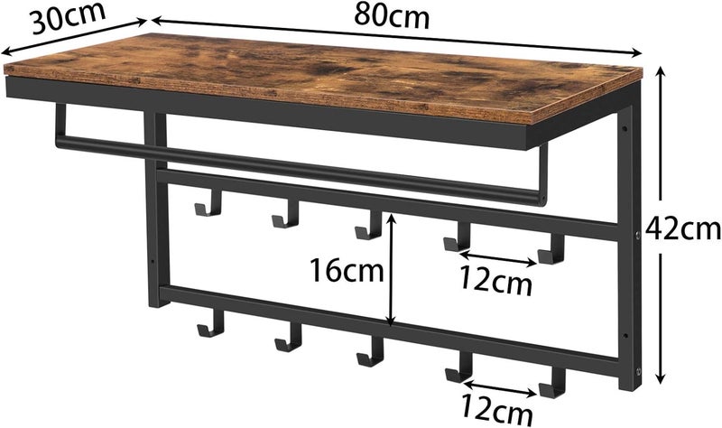 HOOBRO Wall Mounted Coat Rack with Shelf, Coat Hook with 10 Hooks and Shelf, 80 x 30 x 42 cm, Hanging Shelf, for Entryway, Bathroom, Living Room, Laundry Room, Rustic Brown EBF12YM01 - Image 3