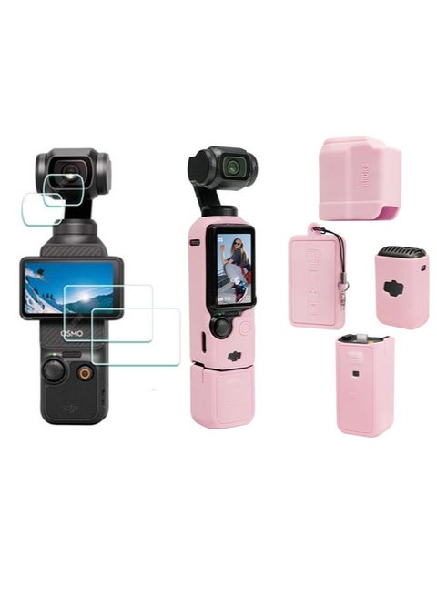 DJI OSMO Pocket 3 Accessory Kit, Silicone Protective Case Cover, Tempered Glass Screen Protector, Lens Protector (Pink)