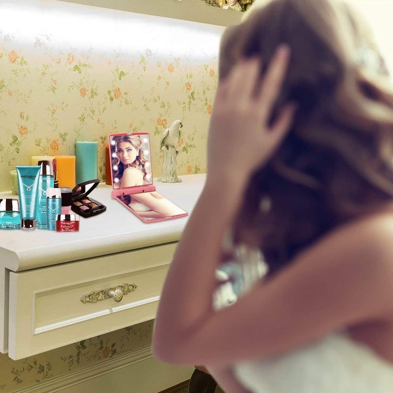 LEKORED Portable Folding Makeup Mirror with led Light for Girls Women at Home Travel1 pcsPlastic Travel Small Makeup Mirror with Light - Image 4