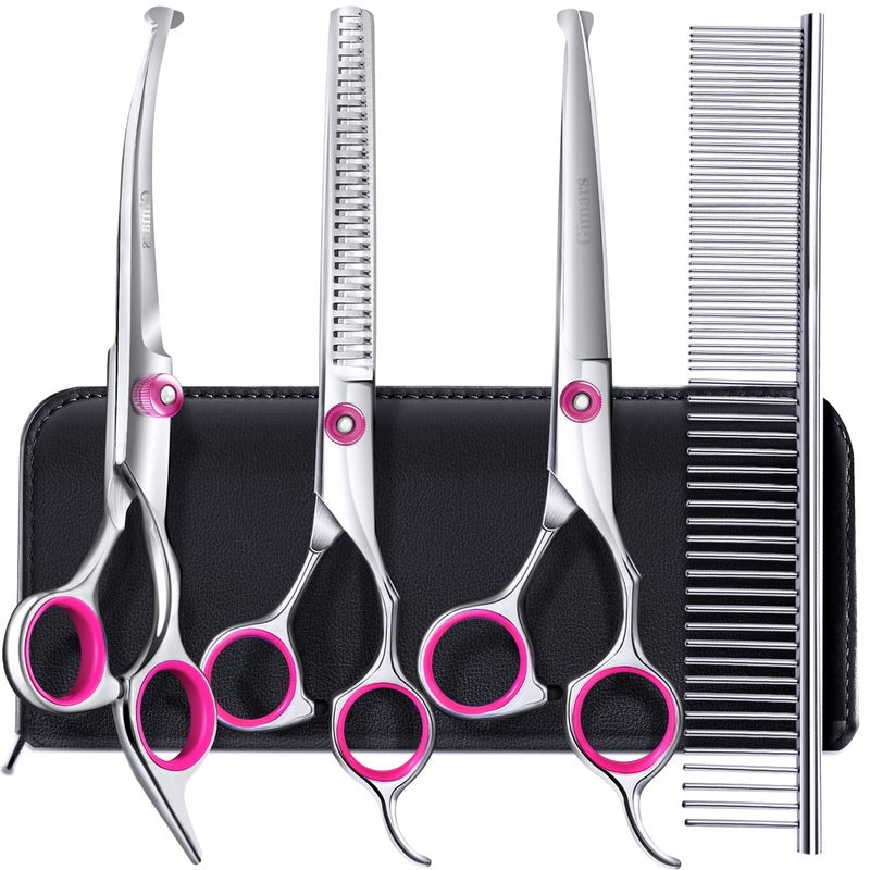 Gimars Dog Grooming Scissors Kit Professional 4CR with Safety Round Tip, 5 in 1 Heavy Duty Titanium Coated Thinning & Curved & Straight Shears - Image 1