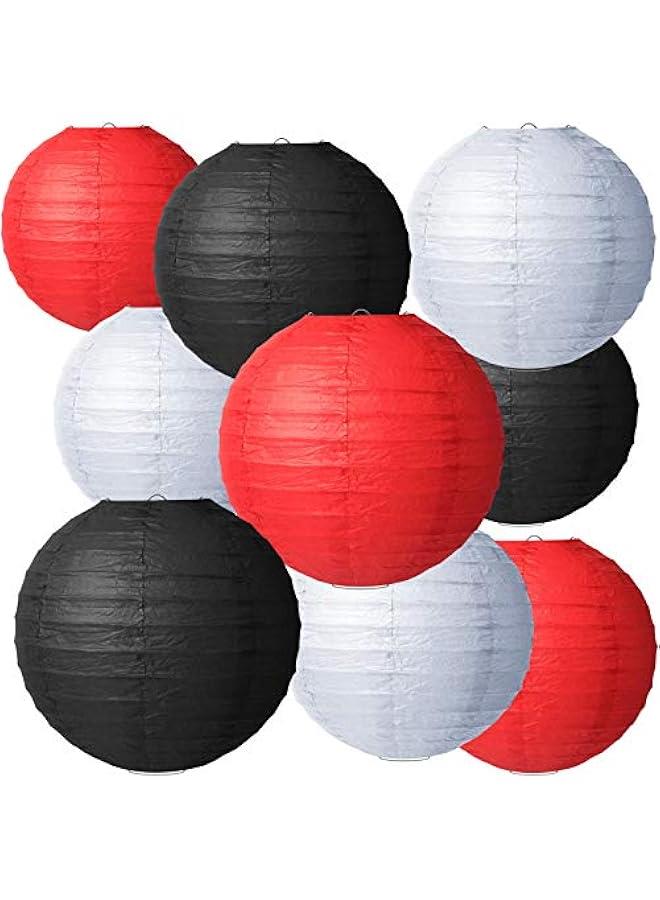 زونون 9 قطع من الفوانيس اليابانية الورقية المستديرة الصينية المعلقة سهلة التجميع لحفلات الزفاف واعياد الميلاد وديكور حفلات اعياد الميلاد، احمر وابيض واسود (احمر، ابيض، اسود) - Image 1