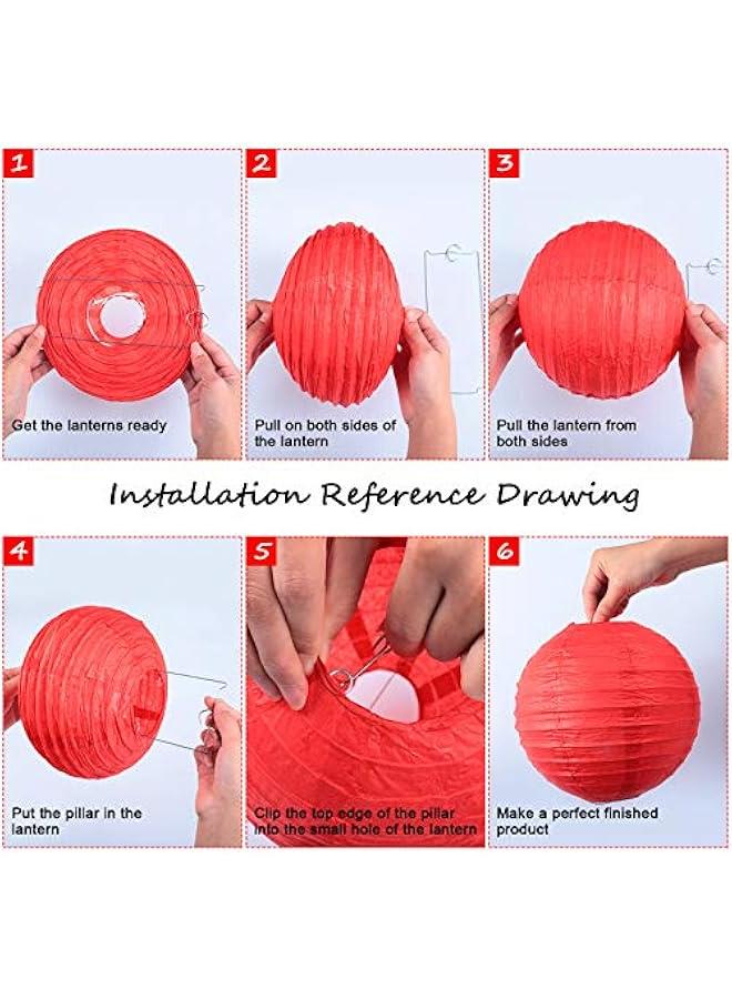 زونون 9 قطع من الفوانيس اليابانية الورقية المستديرة الصينية المعلقة سهلة التجميع لحفلات الزفاف واعياد الميلاد وديكور حفلات اعياد الميلاد، احمر وابيض واسود (احمر، ابيض، اسود) - Image 3