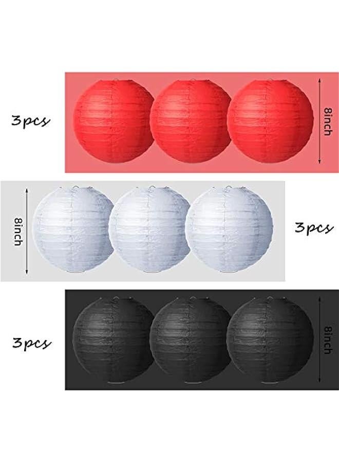 زونون 9 قطع من الفوانيس اليابانية الورقية المستديرة الصينية المعلقة سهلة التجميع لحفلات الزفاف واعياد الميلاد وديكور حفلات اعياد الميلاد، احمر وابيض واسود (احمر، ابيض، اسود) - Image 2