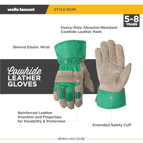 Wells Lamont Kids Gardening Gloves – Durable Puncture & Abrasion-Resistant Cowhide – Leather Palm, Safety Cuff, Snug Fit, Winged Thumb – Youth All-Season Work Gloves for Kids – Ages 5-8, Green (952M) - Image 2