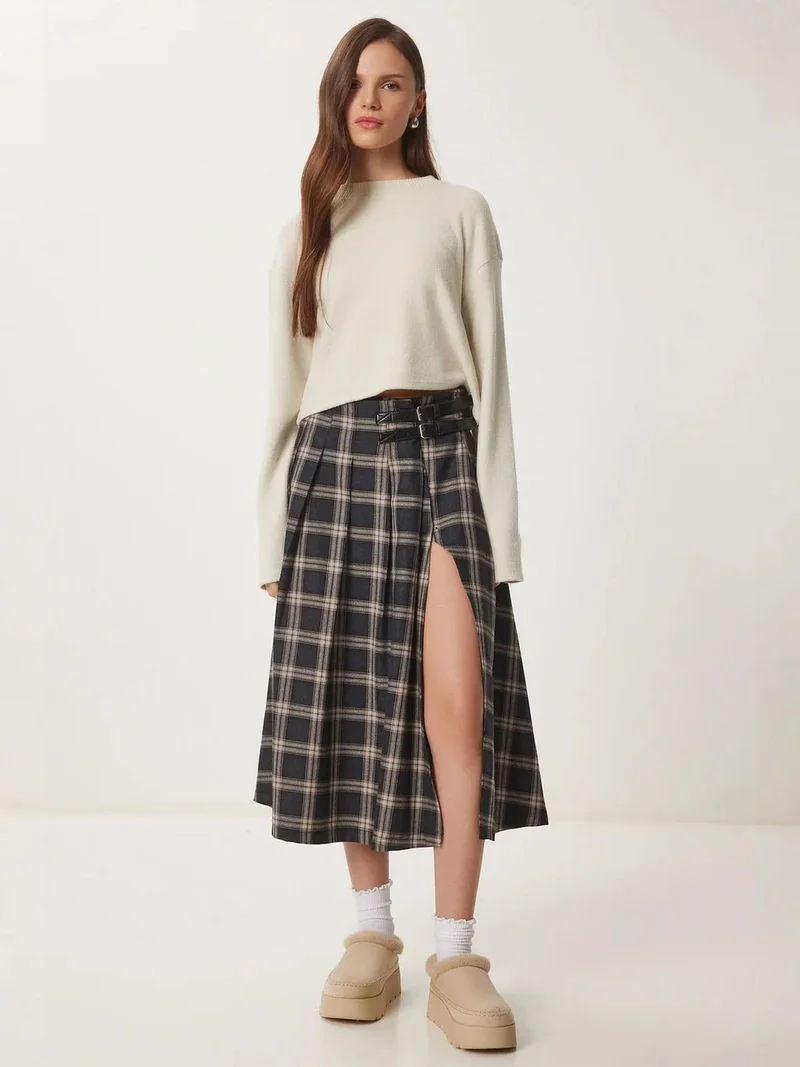 إسطنبول الساحرة ISTANBUL Belt Detailed High Waist Long Plaid Skirt